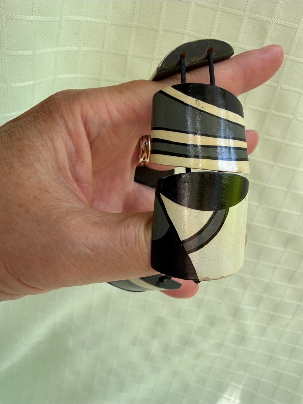 Vintage Black & Cream Patterned Cuff Wooden Bracelet with Smooth Finish - Picture 4 of 6